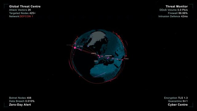 Hero framing with negative space showcasing a cyber warfare globe with British HUD featuring a UK localized threat intelligence interface, panoramic view.