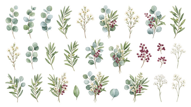 Hand-Painted Watercolor Botanical Clipart Collection Eucalyptus Leaves, Rosemary Sprigs, and Berry Branches