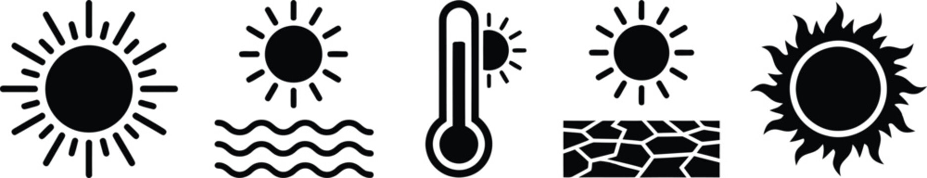 Hot weather vector icons set sun heat and temperature symbols