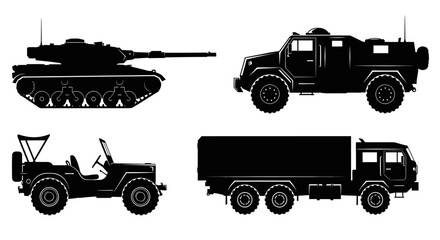 Silhouettes of various military vehicles with silhouettes tank armored truck white background armored vehicle jeep black silhouettes transportation © Nimay