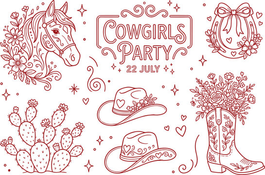 Country style birthday bash graphic collection with outline symbols of cowboy hat boot floral arrangement and celebration banner for custom event invitation design vector