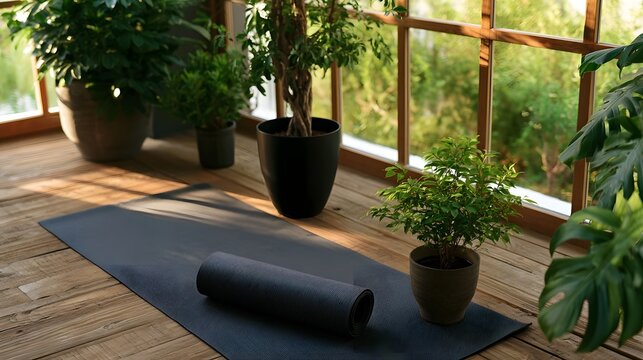 A rolled up yoga mat lies on a wooden floor next to potted plants and large letting in natural light