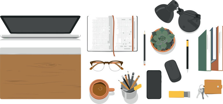 Top View Workspace Elements Set with Laptop Desk Notebook Glasses Coffee Cup Smartphone and Office Supplies for Home Business Graphic Designs