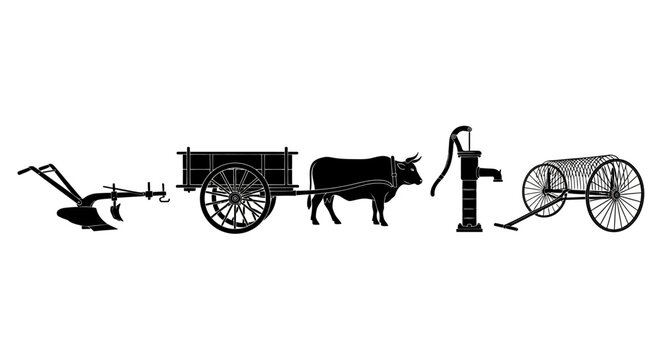 Vintage farm tools and oxen cart in black silhouette with wheelbarrow white background water pump wheelbarrow silhouette plow agriculture with equipment