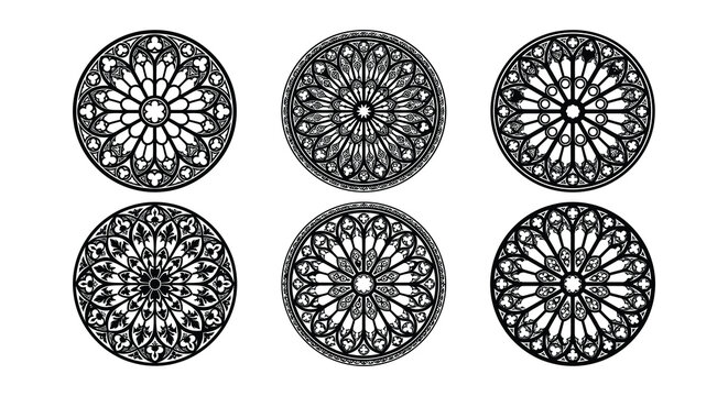 Gothic rose window patterns black vector illustration on white background