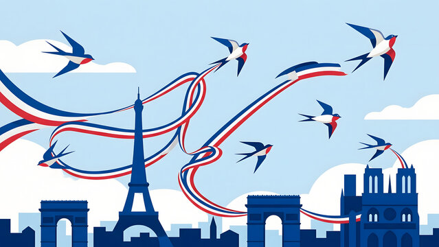 Bastille Day Background with French Landmarks, Flying Swallows and Tricolor Ribbons