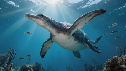 Obraz premium Photorealistic Plesiosaur swimming in its natural prehistoric marine habitat