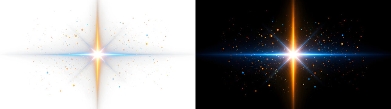 Bright lens flare star burst effect on white and black background with abstract