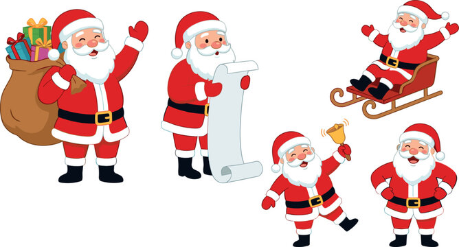 Cute Christmas Santa Claus cartoon character vector set with gifts sack scroll checklist sleigh and hand bell illustrations