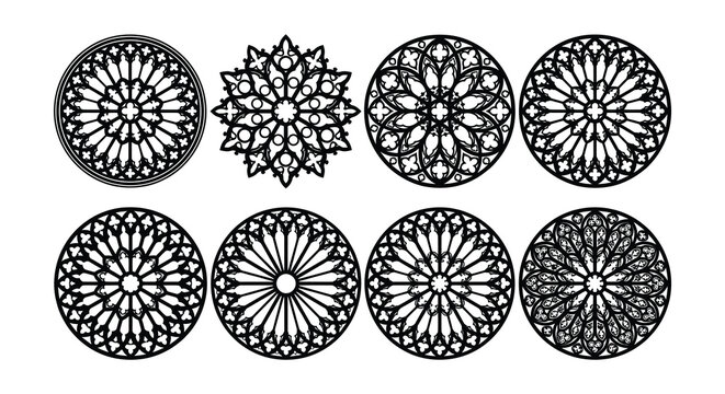 Gothic rose window patterns black vector illustration on white background