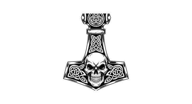 Viking hammer with skull and celtic knotwork design