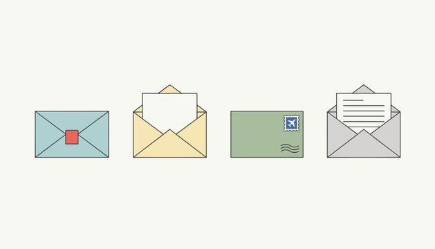 Mail envelope set includes a sealed letter with a red stamp, an open card, and a postage envelope with stamp.