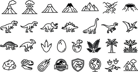 Prehistoric Dinosaur Era and Jurassic Landscape Line Icon Set featuring Volcanos Tyrannosaurus Rex Fossil Eggs and Ancient Jungle ElementsPrehistoric Dinosaur Era and Jurassic Landscape Line Icon Set  © Shameem