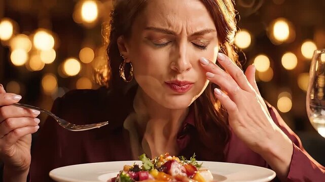 Woman reacting to hot steaming gourmet dish in luxury restaurant setting, close-up portrait of qaulity full hd stock 4k ideo clip social media ad 2026 2027 2028