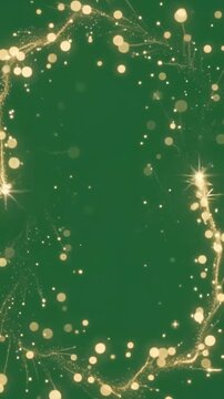 Golden particles swirl around a deep green background