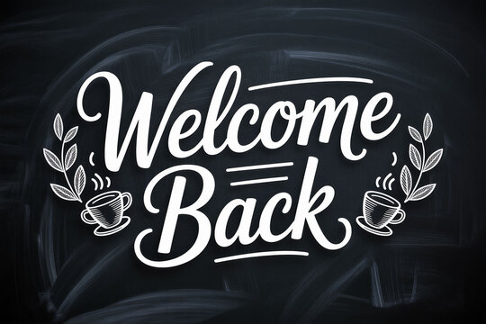 Welcome back typography, coffee shop sign, leafy illustration, black background