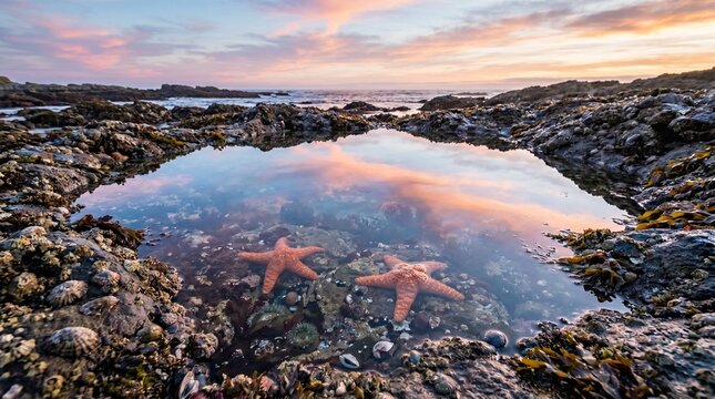 Orange starfish resting in a clear tidal pool with sunset sky reflection on a rocky coastline