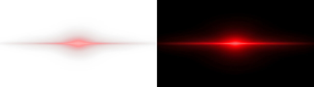 Abstract red horizontal lens flare light effect on white and black backgrounds