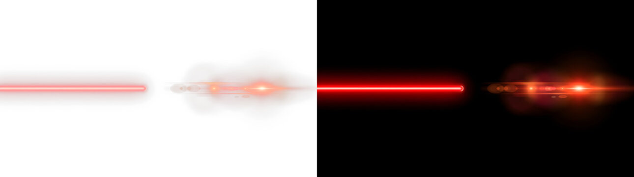 Red glowing horizontal light line with bokeh effect on black and white, abstract
