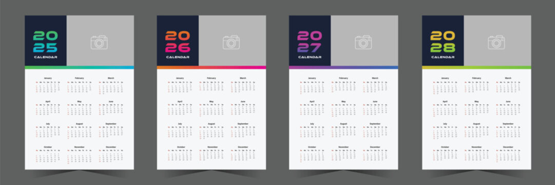 Modern wall calendar design for 2025, 2026, 2027, 2028. One page wall calendar template design, week starts on sunday, minimalist style