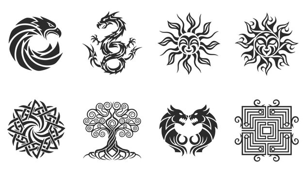 Collection of eight black tribal tattoo designs and celtic symbols including dragon eagle sun faces and world tree.