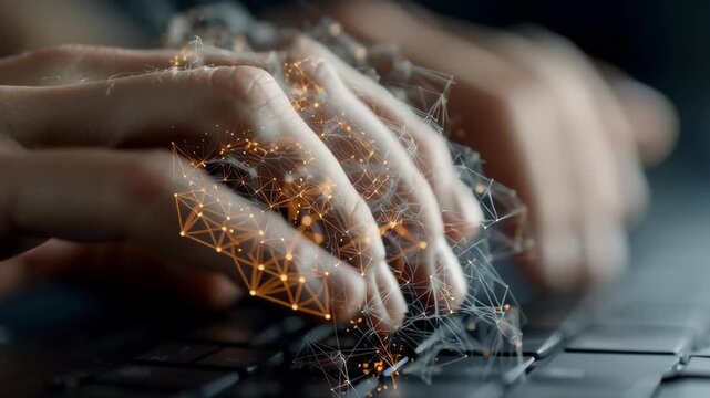 Hands press keys, glowing digital webs pulse around fingers. Focus sharp on fingertips, blurred background adds depth. Lightning trails connect fingers to unseen data networks