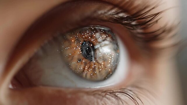 Close-up of a human eye with warm brown iris. Golden sparkles float across the pupil. Lash and eyelid details are crisp and soft. Eye seems calm, with gentle, thoughtful gaze