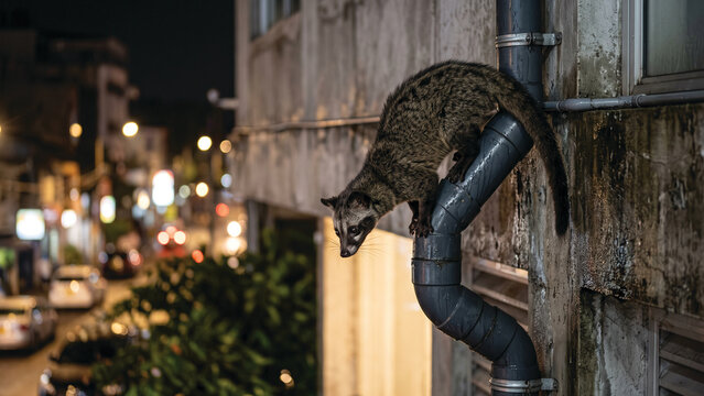 Sri Lankan Palm Civet Climbing Building Rainwater Pipe at Night