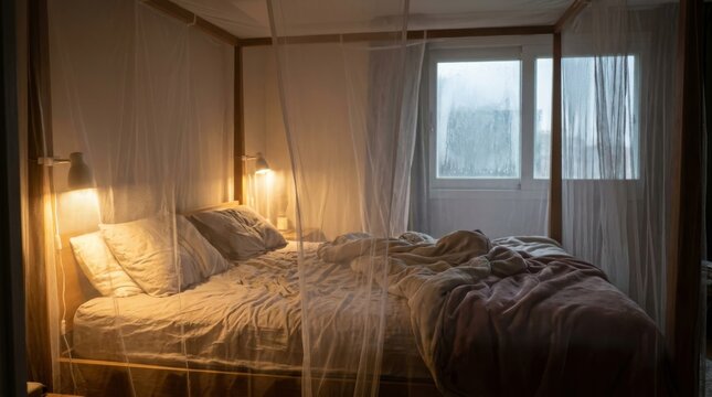 Cozy bedroom with a mosquito net and warm lighting