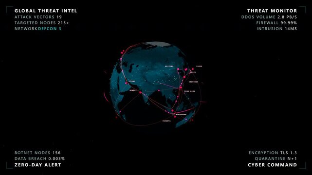 Dramatic zoom descending into a cyber warfare globe featuring a glowing cyan and magenta digital earth with threat vectors inside a New York City data hub, panoramic view.