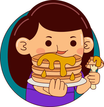 Girl Eating Pancake Vector Illustration