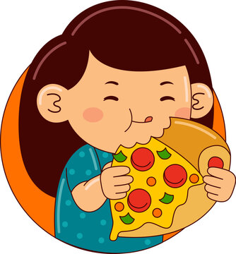 Girl Eating Pizza Vector Illustration