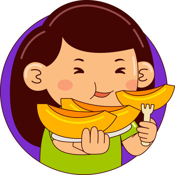 Girl Eating Peach Vector Illustration