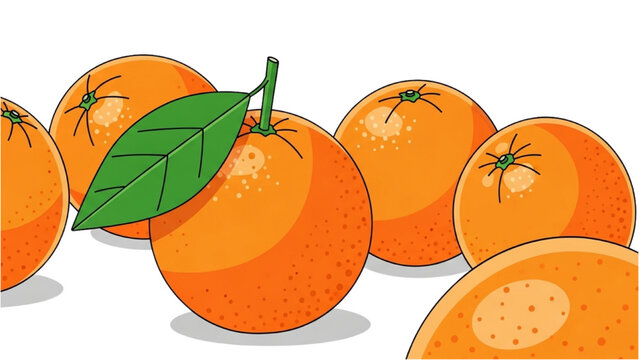 Vibrant 2D Vector Illustration of Juicy Oranges with Green Leaf on White