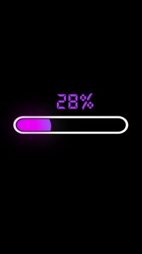 Loading progress bar with percentage indicator on vertical black background. Technology application interface with gradient colors.