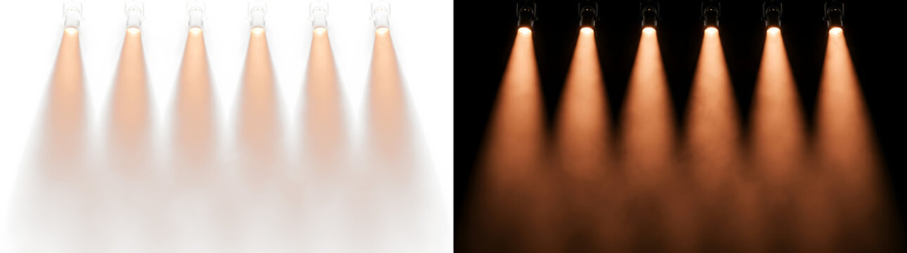 Six warm orange stage spotlights shining beams on black and white background