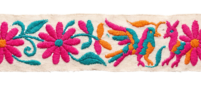 Mexican embroidery pattern floral bird textile border. Traditional colorful Mexican folk art hand decorated fabric canvas with pink flowers, teal leaves, animal motifs. Ethnic design element decoratio