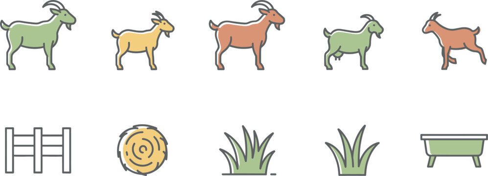 PrintDomestic Goat and Farm Animals Vector Icon Set Featuring Billy Goats Kids Fence Hay Bale Grass and Feeding Trough Elements for Agriculture Branding