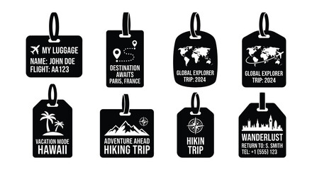 Black luggage tag vector illustrations with travel themed graphics and text © MDAliAkbor