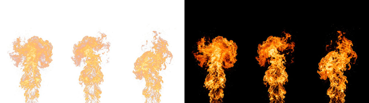 Three fire flame bursts isolated on black and white background with ignition