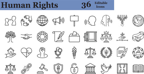 Fototapeta premium Human Rights Black Outline Icon Set - Handmade Vector Line Art Social Justice Campaign Symbols, Civil Advocacy Platform Graphics, Legal Equality and Freedom Interface Assets