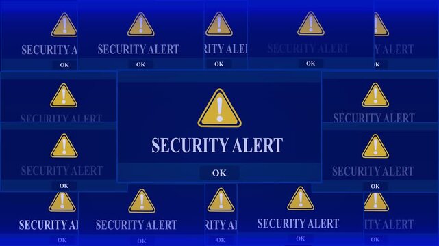 Security Alert Warning Error Window Pop-up Notification Box On Black Screen. network security, computer, danger. Cybersecurity threat warning. 4k video animation on black background.