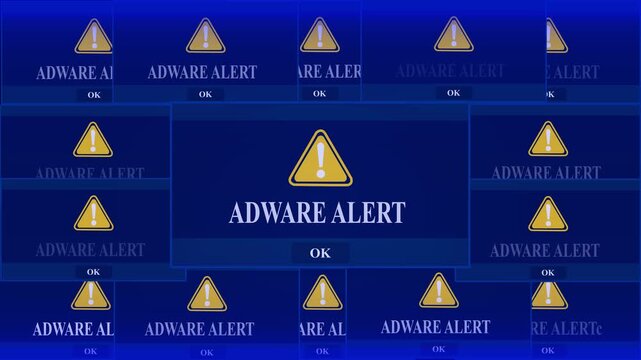 Adware Alert Warning Error Window Pop-up Notification Box On Black Screen. threat, network security, computer, danger. Cybersecurity threat warning. 4k video animation on black background.