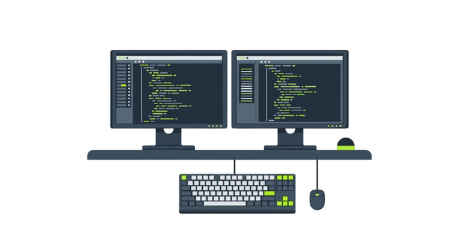 Flat Illustration of Software Developer Workstation with Dual Monitors, Mechanical Keyboard, and Programming Code on Screen