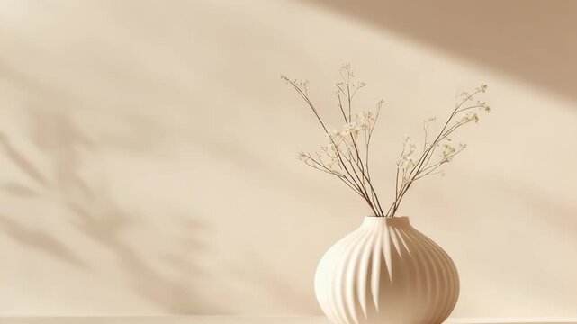 Soft light shines on a vase with dry branches placed on a shelf. The shadows create interesting shapes on the wall. The setup is minimal and inviting