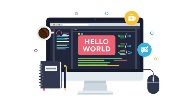 Software Development and Coding Concept Flat Design Illustration with Hello World Message on Computer Monitor