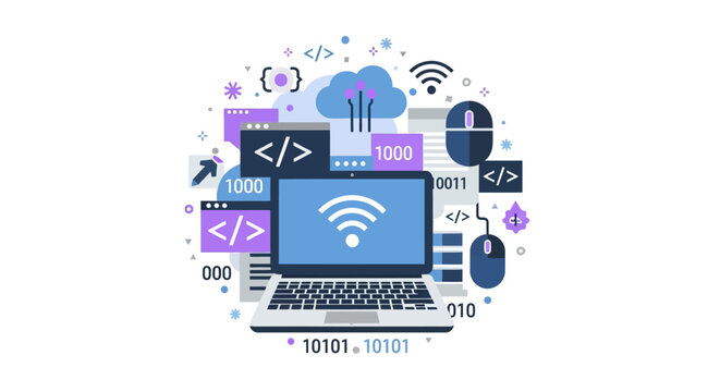 Web Development and Software Engineering Concept Illustration with Laptop and Coding Icons