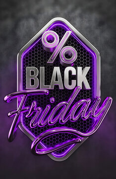Neon Glowing Black Friday Sale Badge with Percentage Symbol in Dark Background