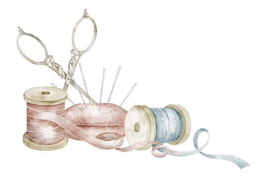 Watercolor vintage illustration of Pincushion and sewing tools. Art of decorative tailoring elements with scissors, thread and needlework accessories for craft themed projects in pastel colors.