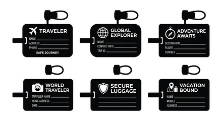 Black luggage tag vector illustrations with travel themed graphics and text © MDAliAkbor